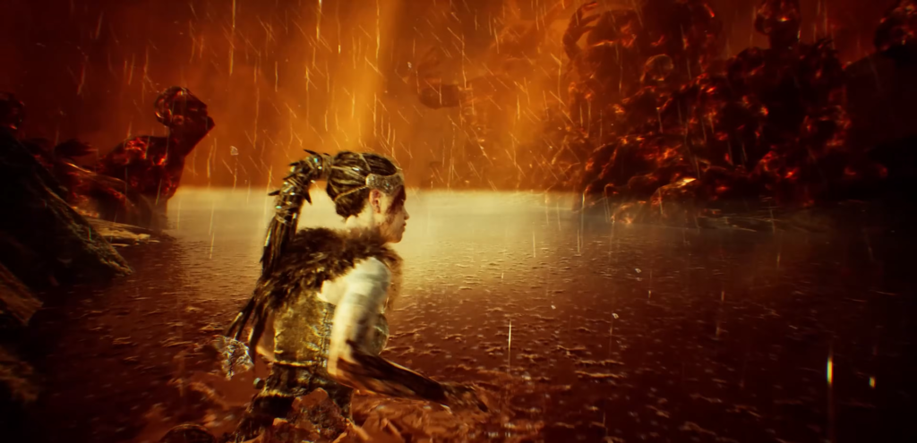 Сенуа из Hellblade бежит под дождём у лавы
