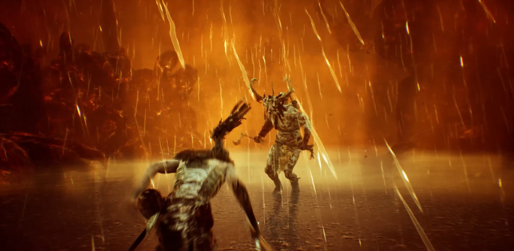 Сенуа сражается с рогатым воином под огненным дождём