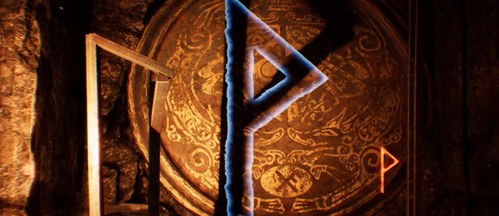 Blue rune symbol on carved stone door background