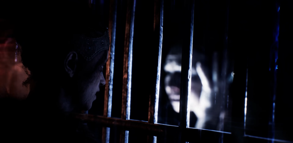 Woman looks through metal bars at blurred face