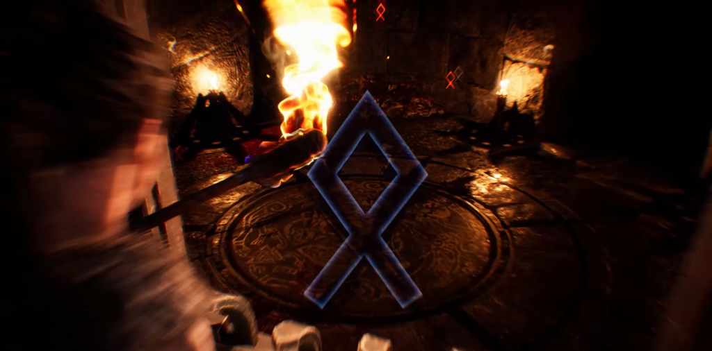 Glowing blue rune symbol in torchlit stone chamber