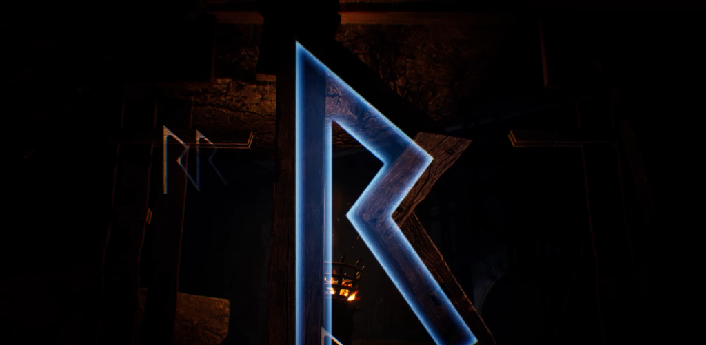 Glowing blue rune symbol on dark stone wall