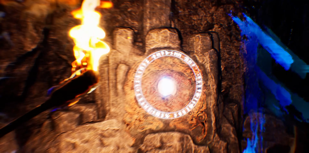 Torch lighting glowing rune circle on stone wall