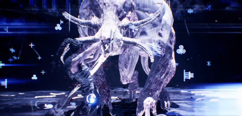 Warrior fights horned monster in blue arena