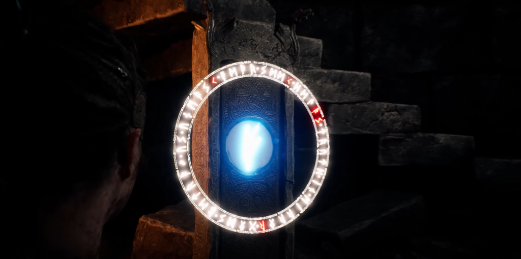 Person facing glowing blue rune portal in stone ruins