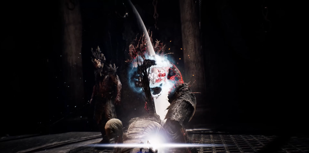 Warrior swings sword at monster in dark arena