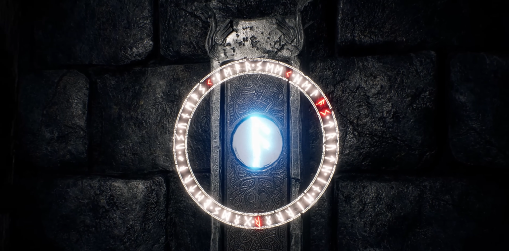 Glowing blue rune portal on stone wall