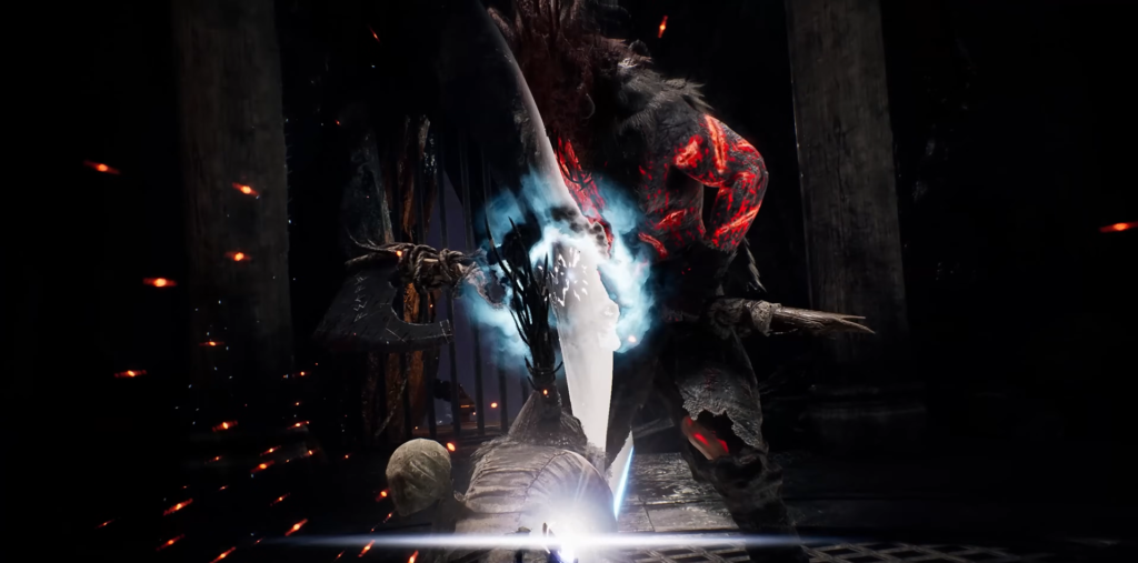 Warrior fights red-glowing monster in dark corridor