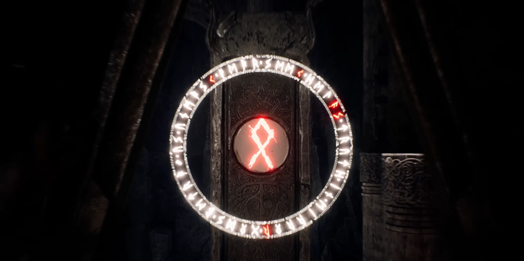 Glowing red rune symbol inside circular runes on stone pillar
