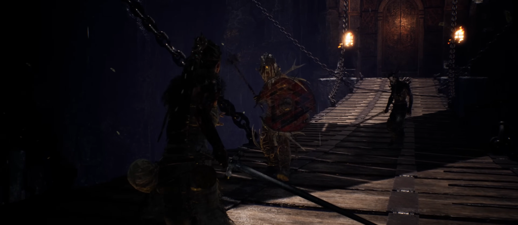 Warrior fights armored enemy on torchlit wooden bridge