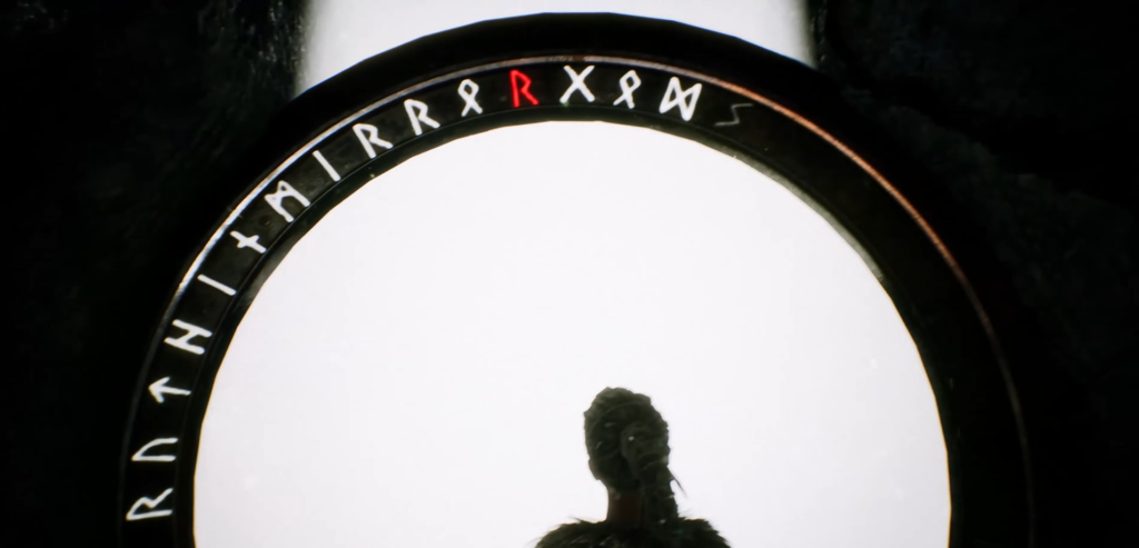 Silhouette stands before glowing rune circle on black background