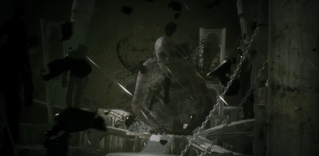 Pale humanoid emerging from debris in dark room