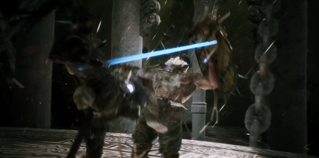 Warrior swings blue sword at enemy in temple