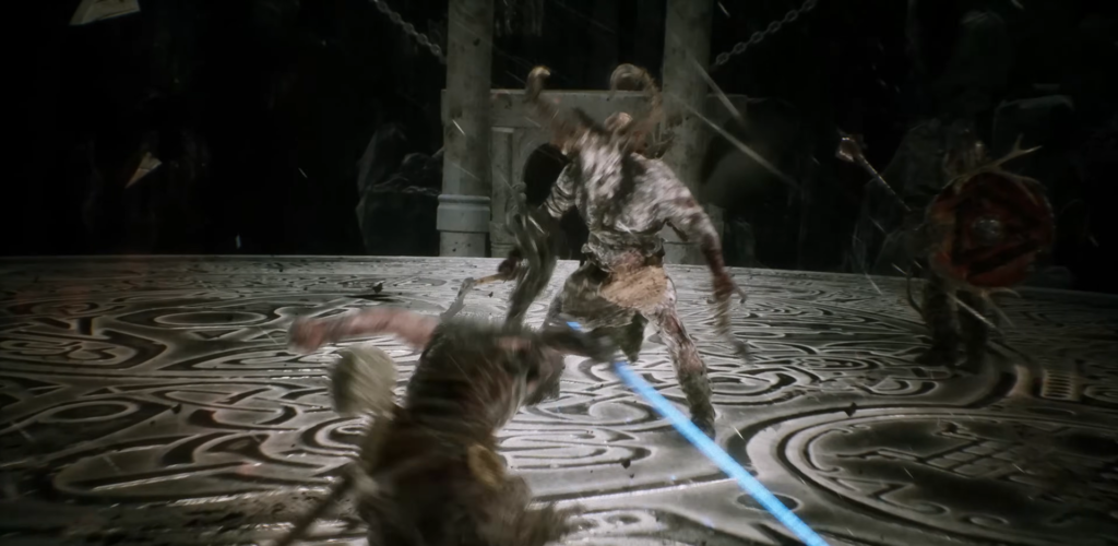 Kratos fights horned enemy in God of War arena