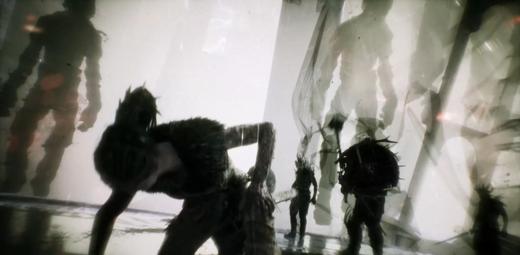 Silhouetted figures walking in foggy ruined structure