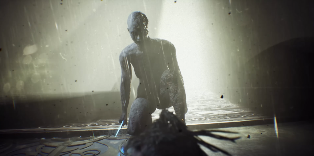 Humanoid kneels holding knife in misty corridor