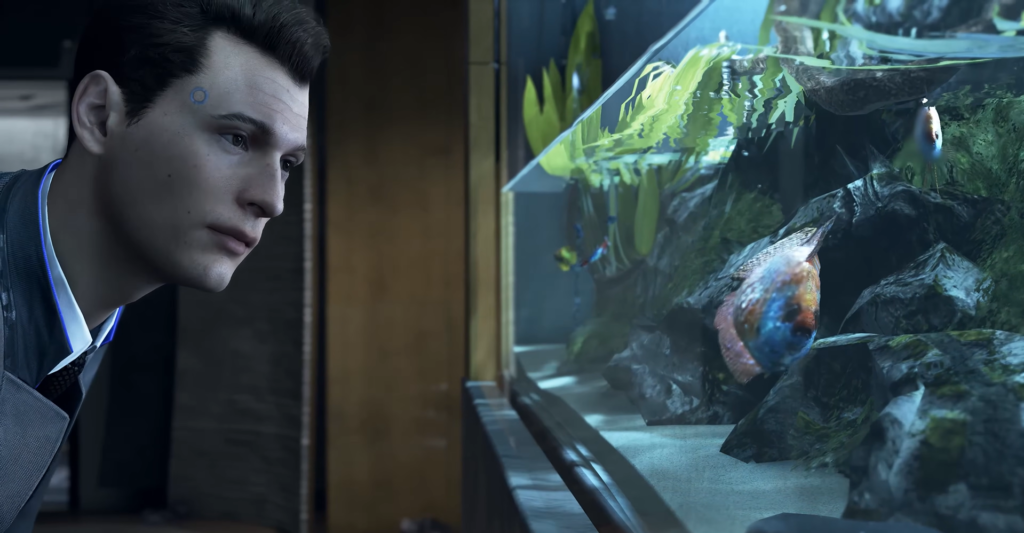 Connor from Detroit: Become Human watching aquarium fish indoors