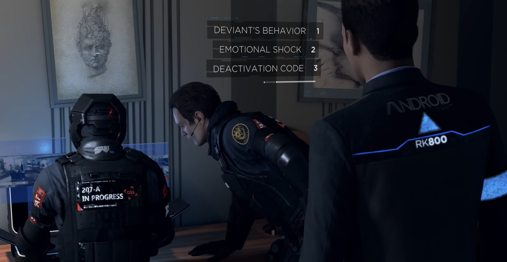 Connor RK800 investigates crime scene with police officers indoors