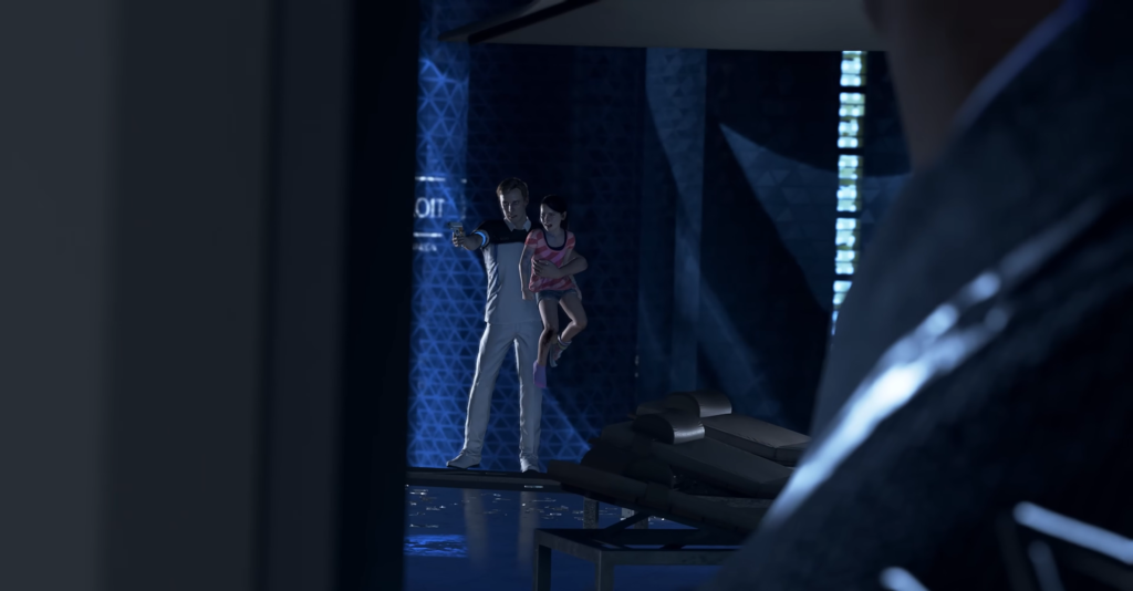 Man holding girl in blue futuristic room