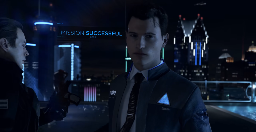Connor from Detroit: Become Human standing on rooftop at night