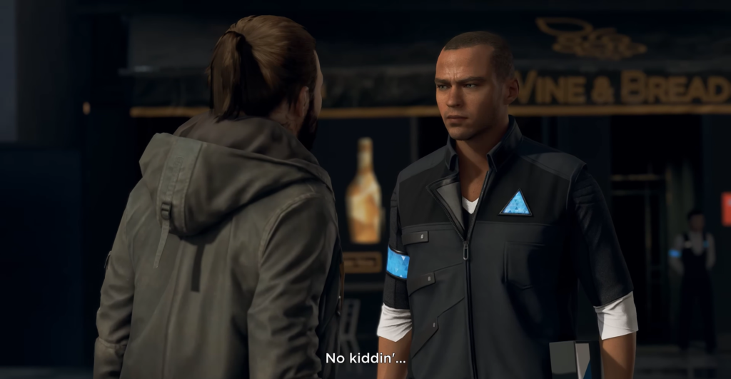 Markus and Connor talk outside Wine & Bread store