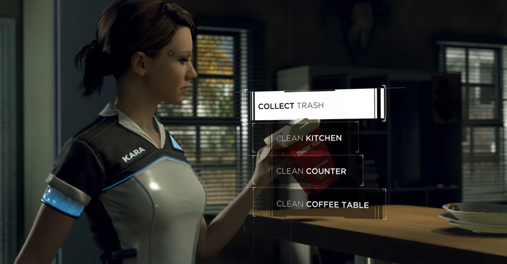 Kara from Detroit: Become Human selecting collect trash indoors