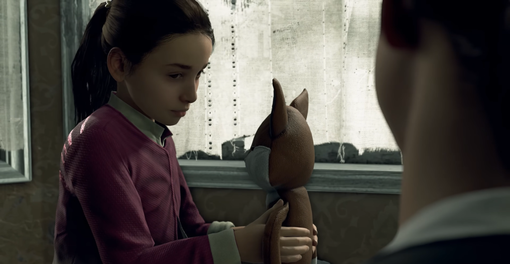 Girl holding stuffed fox by window indoors