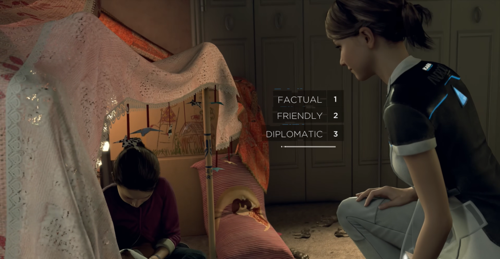 Kara kneels beside child in blanket fort, Detroit: Become Human