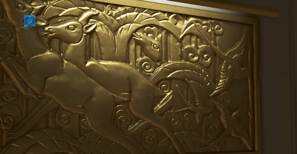 Gold deer relief carving on wall panel
