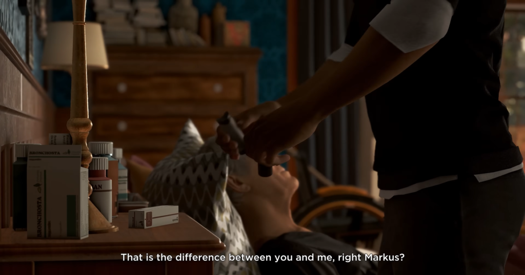 Person holding gun over man on bed indoors