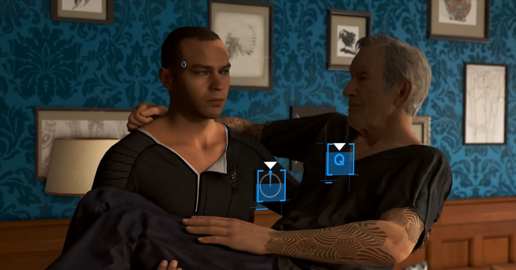 Connor holds older man in bedroom, Detroit: Become Human