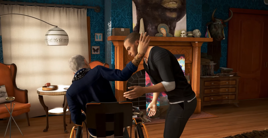 Man touching elderly man in wheelchair in living room