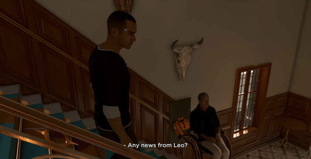 Markus looks down staircase inside wood-paneled house