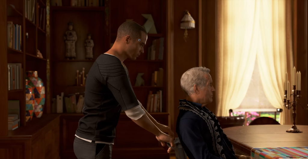 Connor from Detroit: Become Human pushing wheelchair in study