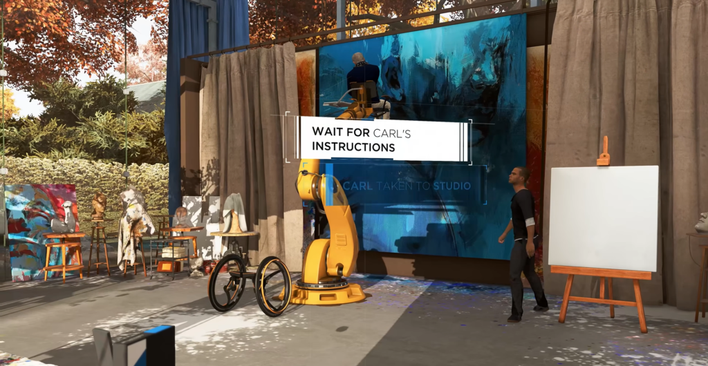 Android and robot arm painting in art studio