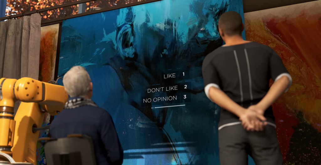 Two people view blue painting with rating options indoors