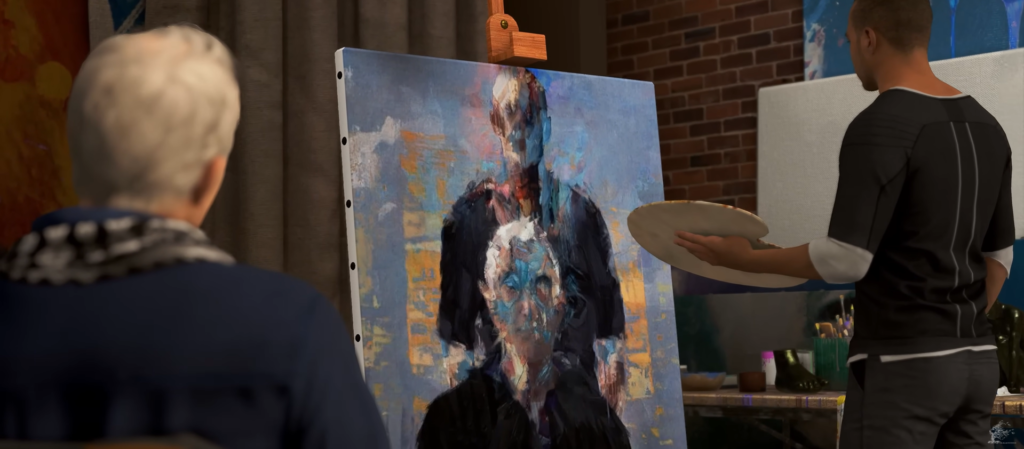 Artist painting portrait on canvas in studio