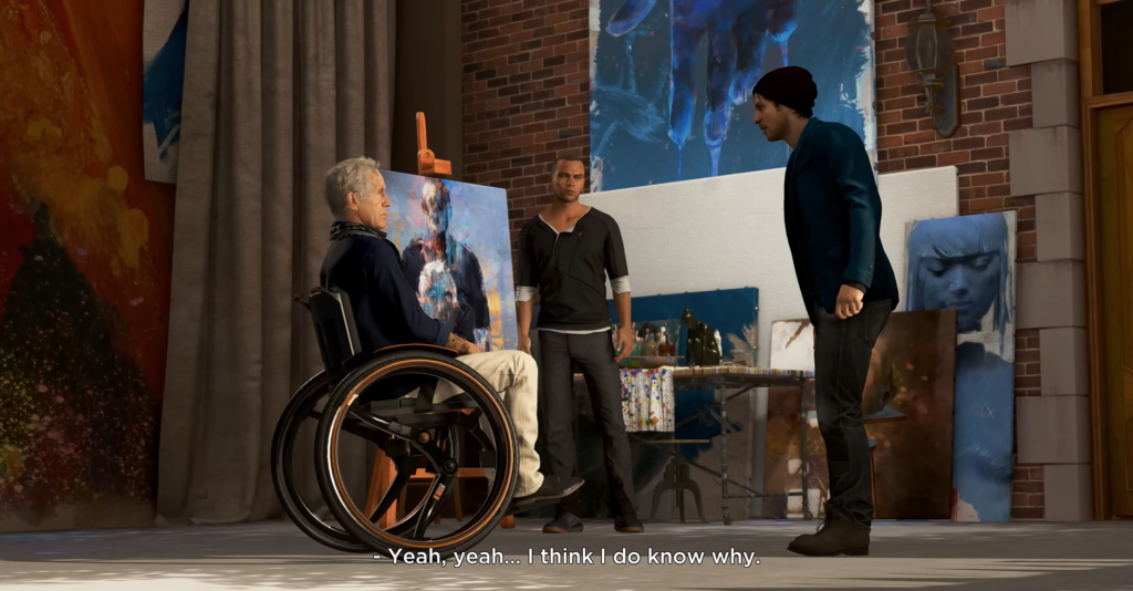 Three men talk in art studio with paintings