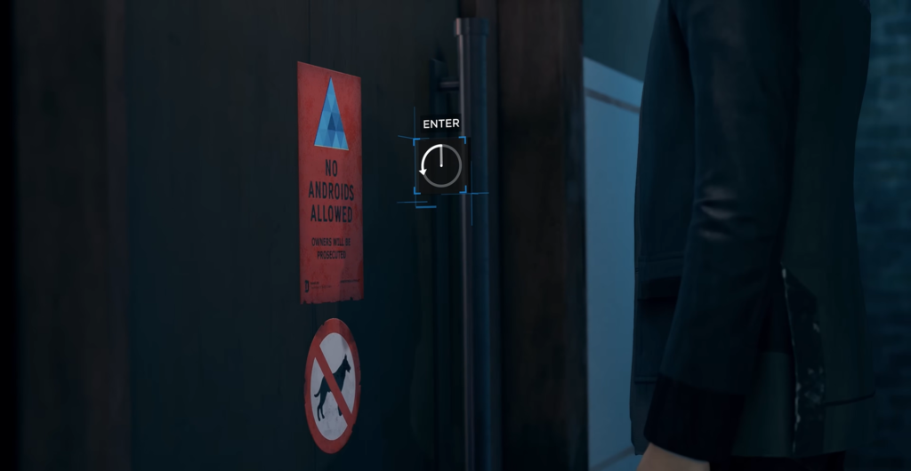 Person entering door beside red no androids sign