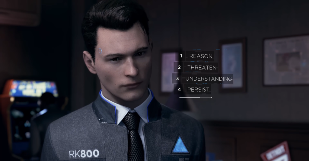 Connor from Detroit: Become Human choosing dialogue options indoors