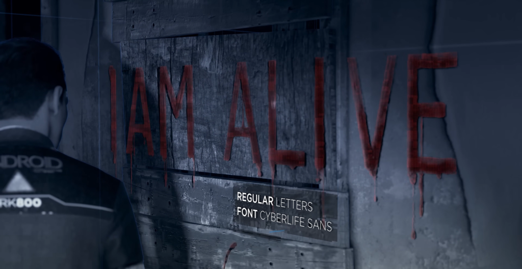 Connor from Detroit: Become Human facing “I AM ALIVE” graffiti