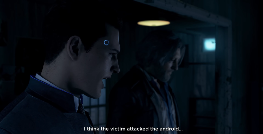 Connor and Hank talk inside dark room, Detroit: Become Human