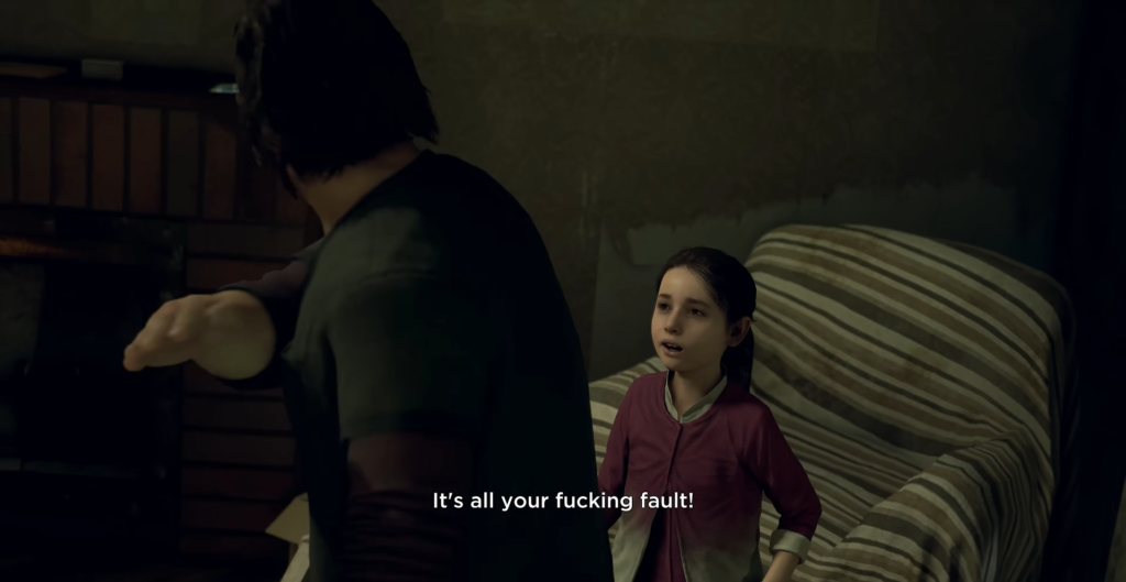 Man yelling at girl beside striped couch indoors