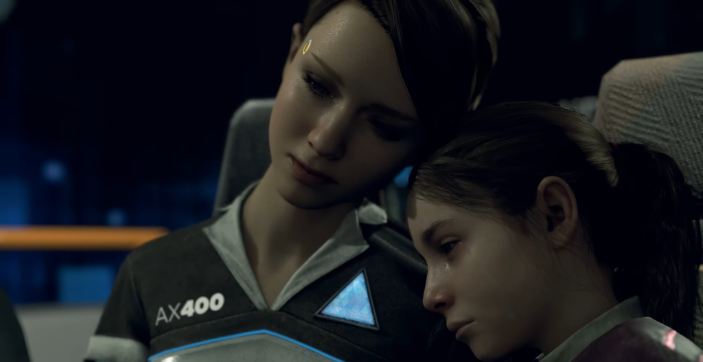 Kara comforts Alice on bus in Detroit: Become Human