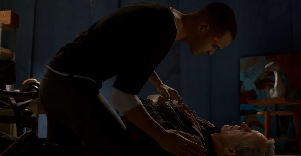 Connor from Detroit: Become Human checking injured man indoors