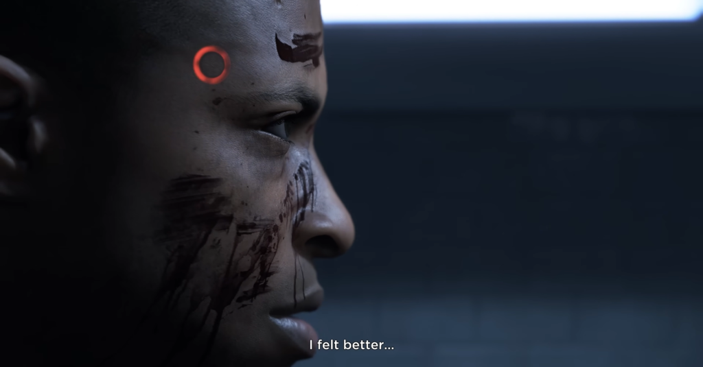 Android with red temple LED looks sideways indoors