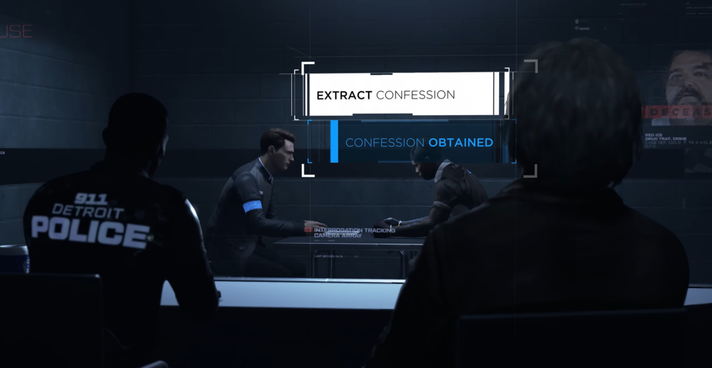 Detroit: Become Human interrogation through one-way mirror room