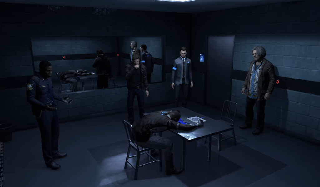 Detroit: Become Human characters stand in interrogation room