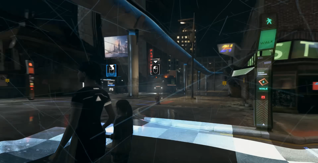Android and child waiting at crosswalk in Detroit: Become Human