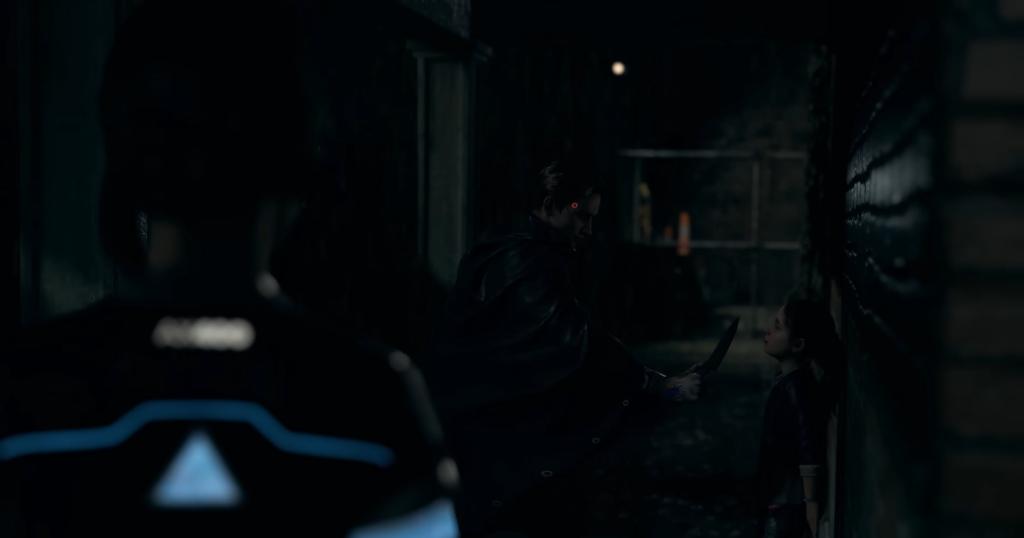 Man holds knife toward child in dark alley